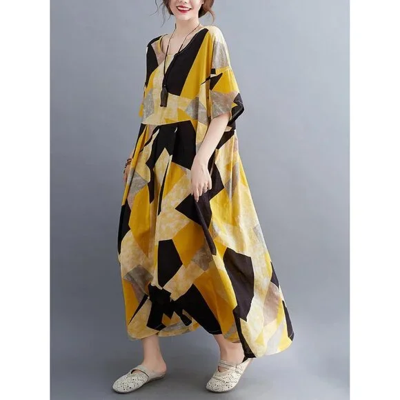 Women Plus Size Color Block Dress Geometric Print Casual Loose Fit - Picture 4 of 7